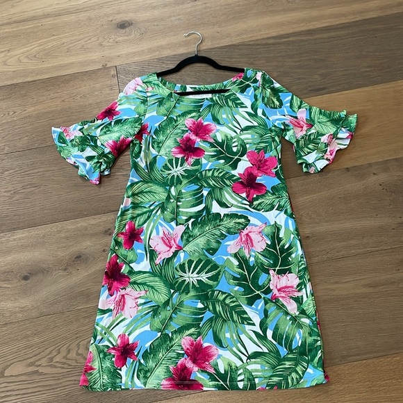 Pappagallo Womens Tropical Floral Shift Dress S Green Pink Ruffle Sleeve Vacay - Picture 1 of 12